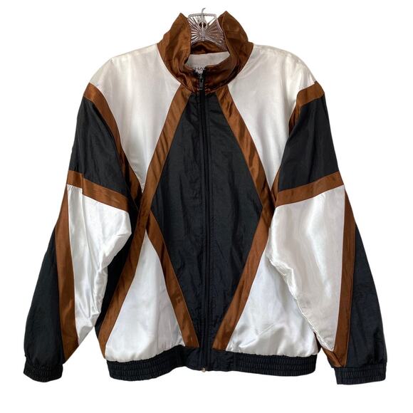 VTG Chaver Windbreaker Bomber Track Jacket Unisex Sz L 80s 90s Satin Colorblock - Picture 1 of 9